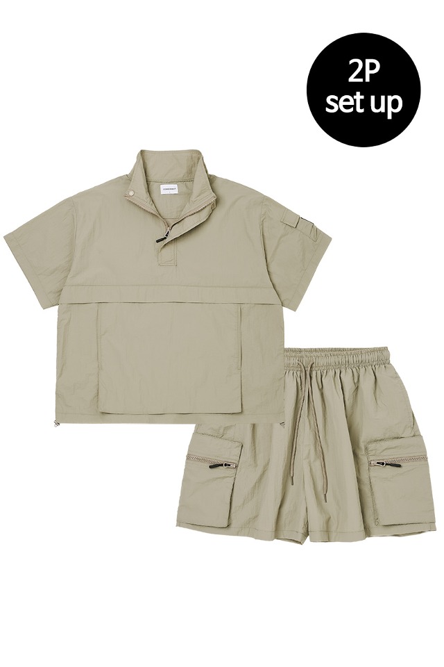 Turtle Neck Anorak Half Set-Up(Khaki) CSOs-011  [Unisex] 